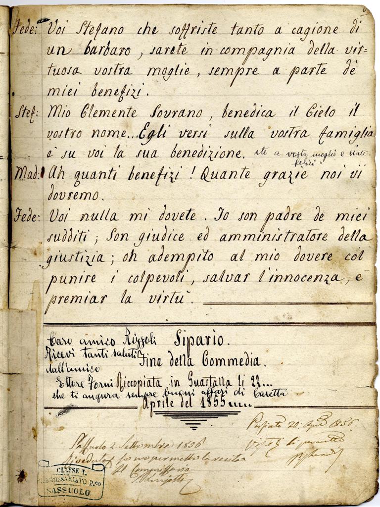 MET – Museo Etnografico degli Usi e Costumi della Gente di Romagna Retro di copione manoscritto